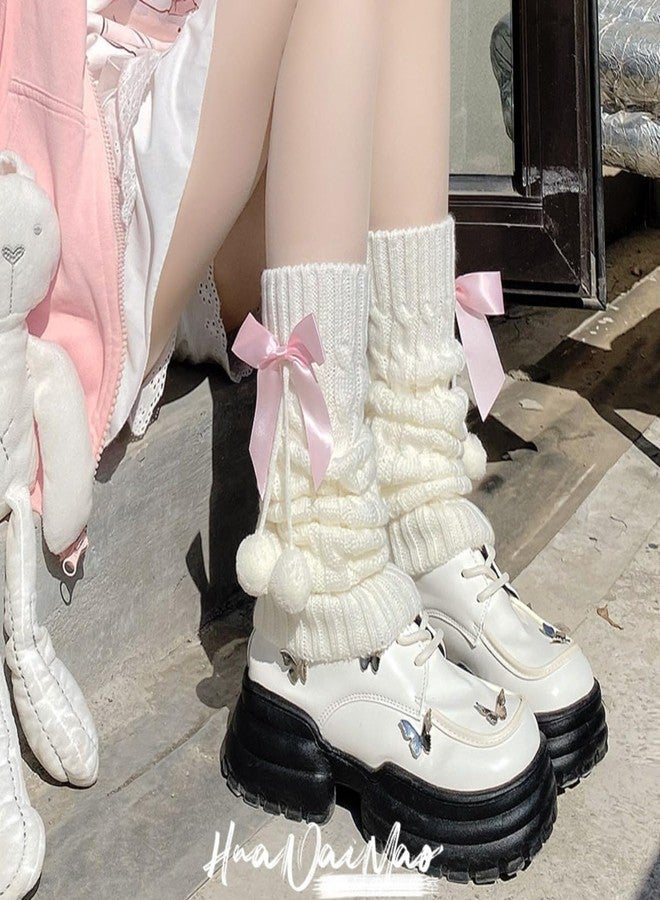 CazDopaM Cute Lolita leg covers Japanese Style Knitted Warm Bow Socks with Pom-Poms White Slouch Socks for JK Uniform (pink) - Image 3